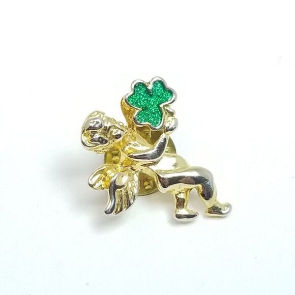 Vintage Little Guardian Angel Pin with Green Shamrock Clover, Good Luck, Estate - Picture 5 of 5